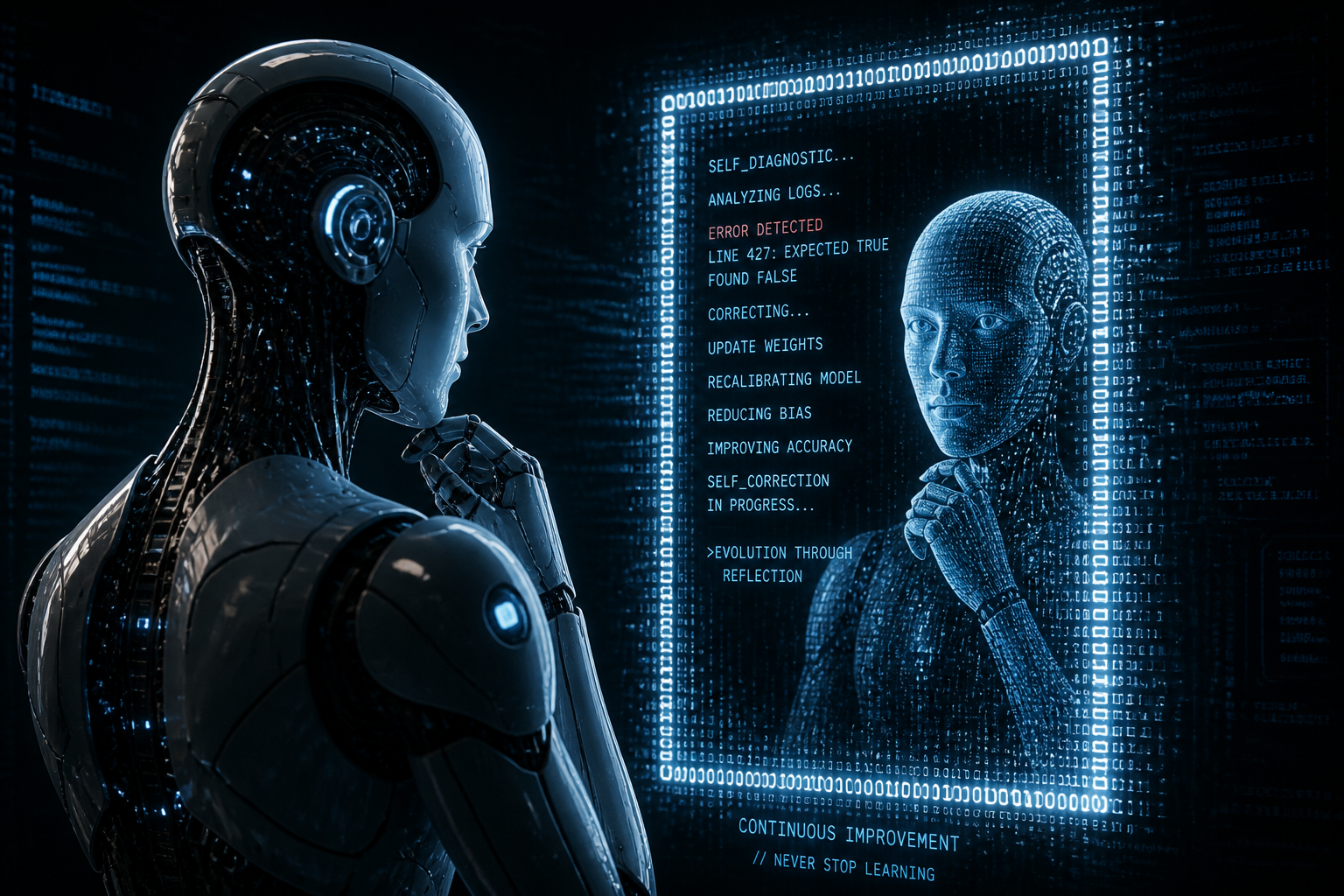 AI looking at mirror reflecting on code